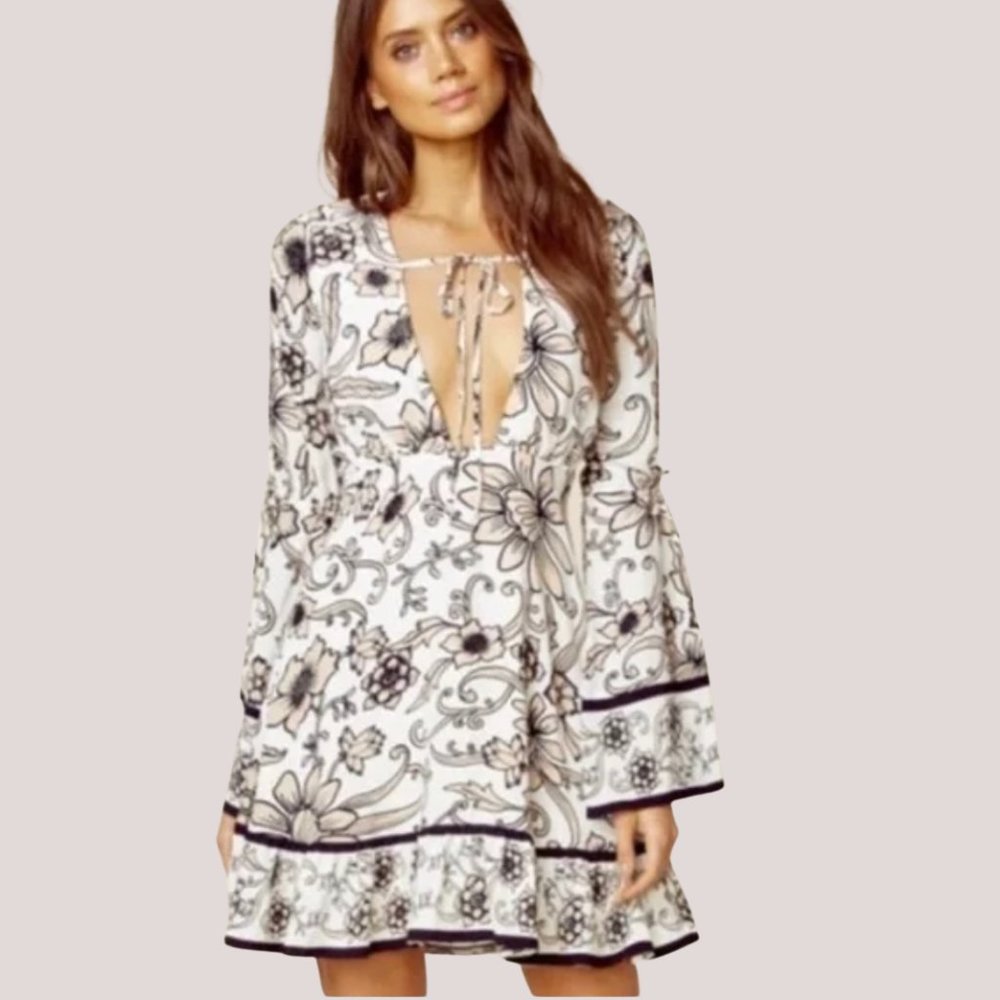 FOR LOVE & LEMONS Ayla Floral Plunge Dress Mini Boho Bohemian Summer ~ Small